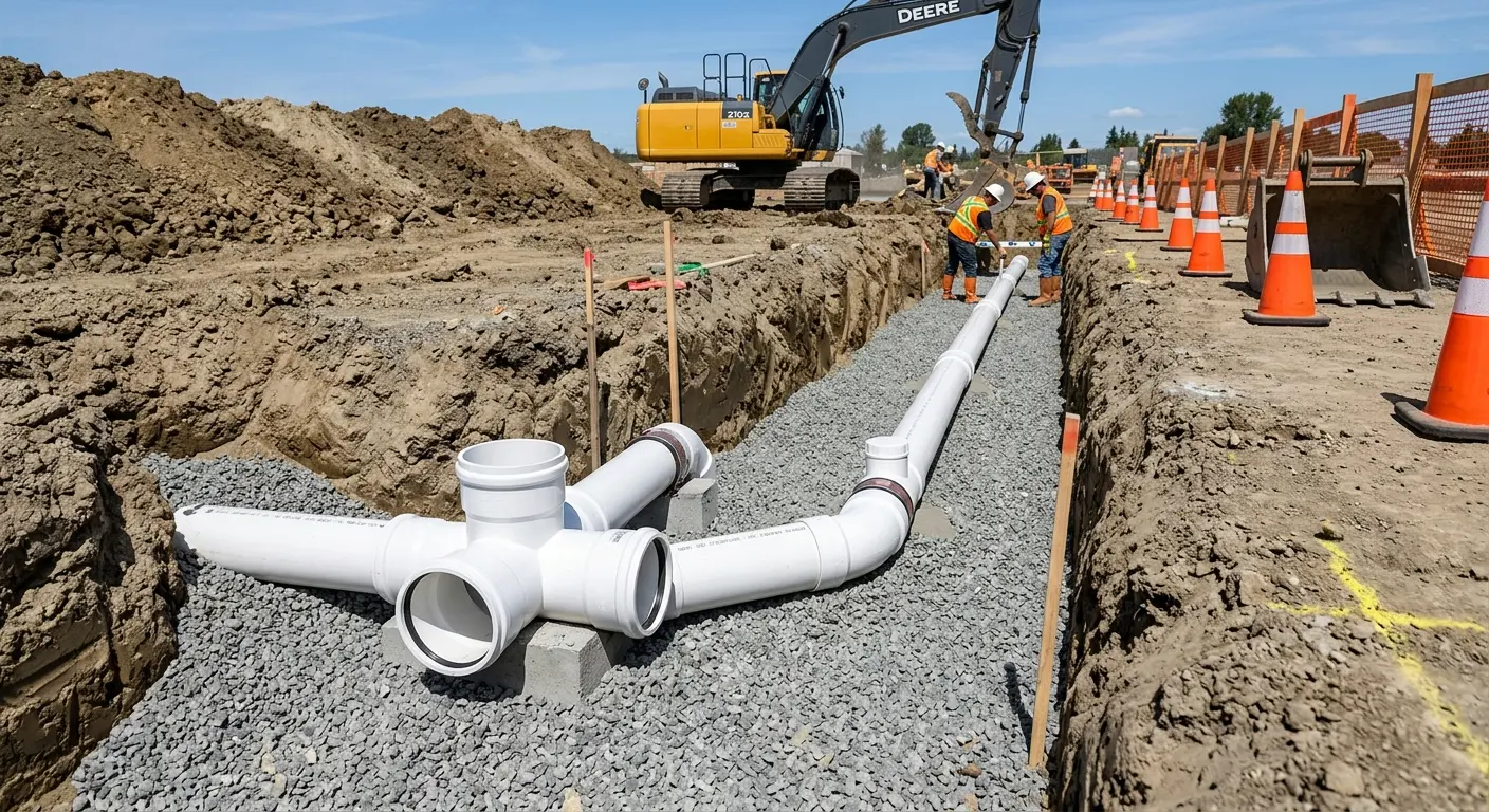 New PVC sewer pipe installation in open trench for Sewer Camera Inspection in Garden City